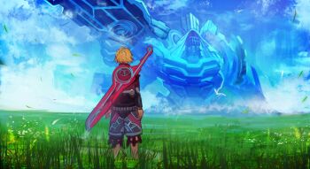 1boy anniversary blonde_hair blue_sky cloud commentary_request falling_leaves field from_behind grass highres leaf male_focus mechonies monado on_grass outdoors short_hair shulk_(xenoblade) sky solo standing sword sword_on_back tarbo_(exxxpiation) weapon weapon_on_back xenoblade_chronicles_(series) xenoblade_chronicles_1