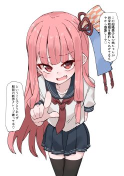 1girl absurdres arm_behind_back fang highres huuapainter kotonoha_akane long_hair looking_at_viewer pink_eyes pink_hair pointing pointing_at_viewer school_uniform serafuku solo thighhighs translated voiceroid white_background