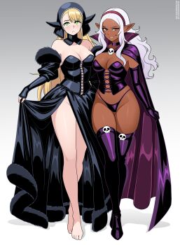 2girls absurdres asymmetrical_bangs bare_legs barefoot black_bustier black_dress black_hood black_panties black_thighhighs blonde_hair boots breasts brooch bustier cape cleavage crossover dark-skinned_female dark_elf dark_skin detached_hood detached_sleeves dress dungeon_meshi ear_covers elbow_gloves elf elf-san_wa_yaserarenai. female_focus full_body fur_dress gloves green_eyes hairband high_collar highres jewelry kuroeda_(elf-san_wa_yaserarenai.) lace-trimmed_hood long_hair marcille_donato marcille_donato_(lord) medium_breasts multiple_girls nico-neko panties parted_bangs pointy_ears purple_cape purple_eyes skull_brooch species_connection standing straight_hair thigh_boots thighhighs thighs thong trait_connection underwear wavy_hair white_hair