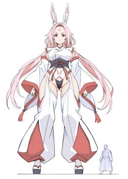 1boy 1girl absurdres animal_ears braid breasts commentary_request giant giantess groin highres long_sleeves looking_at_viewer nontraditional_miko obi obijime okobo original pink_eyes pink_hair platform_sandals rabbit_ears rabbit_girl sandals sash seo_tatsuya sideboob simple_background tabi twin_braids white_background