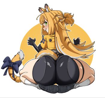 1girl ass ass_focus bike_shorts black_shorts blonde_hair blue_ribbon blush claw_pose commentary english_commentary from_behind full_body green_eyes highres huge_ass jacket long_hair looking_at_viewer looking_back nuclear_wasabi open_mouth original ribbon shorts sitting smile solo tail tail_ornament tail_ribbon tiger_girl white_background yellow_jacket
