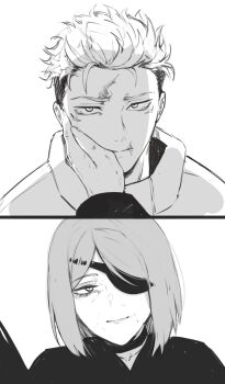 1boy 1girl absurdres aged_up commentary english_commentary eye_contact eyepatch face-to-face grabbing_another's_chin hand_on_another's_chin hand_on_another's_face highres itadori_yuuji jujutsu_kaisen kugisaki_nobara looking_at_another masoq mature_female messy_hair monochrome old old_woman pov pov_hands scar scar_on_face