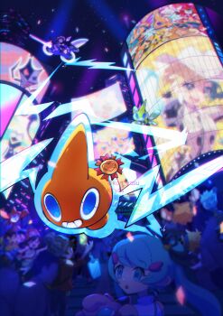 :o absurdres ash_ketchum black_ribbon blonde_hair blue_eyes blue_hair blurry braid commentary_request drone drone_rotom electric_miku_(project_voltage) electricity elesa_(pokemon) elesa_(sygna_suit)_(pokemon) eyelashes floating flying gen_1_pokemon gen_4_pokemon hair_ornament hair_ribbon hat hatsune_miku heart highres holding holding_pokemon in-franchise_crossover jigglypuff juliana_(pokemon) kirrim light_trail long_hair miraidon multiple_boys multiple_girls night nintendo on_shoulder open_mouth outdoors pikachu pokedex pokemon pokemon_(anime) pokemon_(creature) pokemon_focus pokemon_masters_ex pokemon_on_shoulder pokemon_ribbon pokemon_sm pokemon_sm_(anime) pokemon_sv pokemon_swsh project_voltage quadcopter ribbon riding riding_pokemon rotom rotom_(fan) rotom_(frost) rotom_(heat) rotom_(mow) rotom_(normal) rotom_(wash) rotom_dex rotom_phone rotomi selene_(pokemon) smile solo_focus teeth twintails victor_(pokemon) vocaloid watermark white_hat