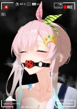 1girl absurdres airani_iofifteen airani_iofifteen_(1st_costume) ball_gag ball_gag_progress_bar_(meme) black_background blue_hair blue_overalls blush bow_hairband breasts breath cleavage closed_eyes cohi27151463 gag gradient_hair green_hairband hairband highres hololive hololive_indonesia large_breasts long_hair long_sidelocks meme multicolored_hair multicolored_hairband overalls paint_on_body palette_hair_ornament pink_hair pink_hairband recording side_ponytail sidelocks simple_background single_off_shoulder solo sweater two-tone_hairband viewfinder virtual_youtuber white_sweater