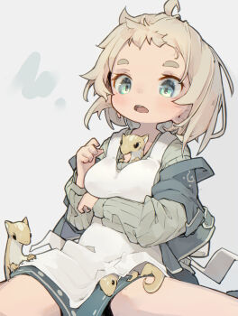 Rule 34 | 1girl, absurdres, apron, arm under breasts, blonde hair, blue eyes, blush, breasts, commentary, dated commentary, feet out of frame, green sweater, highres, lizard, medium breasts, nep (nep 76), open mouth, original, short hair, simple background, sitting, solo, sweater, thick eyebrows, white apron, white background