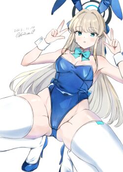 1girl 2023 animal_ears aqua_bow aqua_bowtie bare_shoulders blonde_hair blue_archive blue_eyes blue_halo blue_ribbon blue_shoes blush bow bowtie breasts cameltoe chisamikan cleavage commentary_request covered_navel dated detached_collar double_v dutch_angle fake_animal_ears foreshortening gluteal_fold hair_intakes hair_ribbon halo hands_up high_heels highres knees_out_of_frame long_hair looking_at_viewer medium_breasts official_alternate_costume official_alternate_hairstyle parted_lips partially_visible_vulva playboy_bunny rabbit_ears ribbon shoes sidelocks signature simple_background solo spread_legs squatting straight_hair thighhighs thighs toki_(blue_archive) toki_(bunny)_(blue_archive) v very_long_hair white_background white_thighhighs white_wrist_cuffs wrist_cuffs