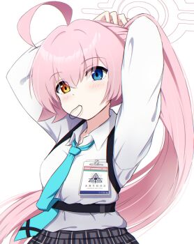 1girl ahoge aqua_necktie arms_up blue_archive blue_eyes blush breasts chest_harness collared_shirt commentary grey_skirt hair_tie_in_mouth halo harness heterochromia highres hoshino_(blue_archive) id_card long_hair long_sleeves looking_at_viewer mouth_hold necktie orange_eyes pink_hair ponytail shirt simple_background skirt small_breasts solo sotomichi tying_hair upper_body very_long_hair white_background white_shirt