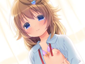 1girl blue_eyes blush bow bow_bra bowtie bra bra_lift breasts brown_hair buttons chishima_mako closed_mouth clothes_lift collared_shirt game_cg hair_ornament heart heart_hair_ornament large_variant_set looking_at_viewer medium_hair nipples non-web_source open_clothes open_shirt piyodera_mucha portrait purple_bra shirt small_breasts smile solo soushisouai_lolita underwear untied_ribbon variant_set white_shirt yellow_bow