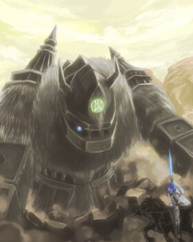 animal battle blue_hair colossus densetsu_kyojin_ideon doba_ajiba facial_hair horns horse ideon kow_(k.) parody shadow_of_the_colossus sword weapon