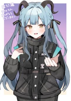 Rule 34 | 1girl, :d, arknights, bang dream!, bang dream! it's mygo!!!!!, beckoning, black horns, black jacket, black ribbon, blue hair, blush, border, braid, buttons, center-flap bangs, commentary request, commission, commissioner name, curled horns, demon girl, demon horns, double-parted bangs, gradient background, hair intakes, hair ribbon, hands up, high-ended braid, horns, jacket, long hair, long sidelocks, long sleeves, looking at viewer, open mouth, purple background, reaching, reaching towards viewer, rhodes island logo (arknights), rhodes island uniform, ribbon, sidelocks, simple background, skeb commission, smile, solo, straight-on, thank you, togawa sakiko, togawa sakiko (sarkaz), translation request, two side up, upper body, variant set, white border, yellow eyes, yuzu ringo (ohayou hey)