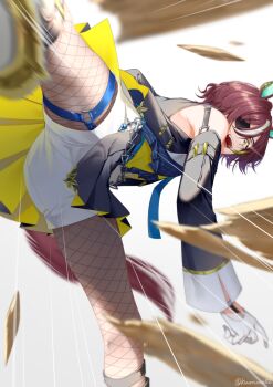 Rule 34 | 1girl, akatsuki (kuon), animal ears, blue necktie, broken fence, brown hair, commentary request, detached sleeves, elbow gloves, eyepatch, fishnet pantyhose, fishnets, gloves, horse ears, horse girl, horse tail, horseshoe, jacket, kicking, multicolored hair, necktie, o-ring, o-ring thigh strap, open mouth, pantyhose, shirt, shoes, short hair, shorts, sleeveless, sleeveless jacket, smile, solo, streaked hair, tail, tanino gimlet (embodiment of keravnos) (umamusume), tanino gimlet (umamusume), teeth, thigh strap, umamusume, white gloves, white hair, white shorts, yellow eyes, yellow shirt