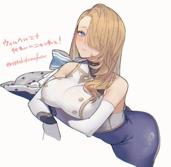 1girl arm_under_breasts armpit_crease blonde_hair blue_eyes blush bodystocking breasts brown_dust_(series) brown_dust_2 closed_mouth commentary_request cropped_legs elbow_gloves eyebrows_hidden_by_hair from_side gloves hair_between_eyes hair_over_one_eye highres large_breasts leaning_in lips long_hair looking_at_viewer shirt side_cape simple_background solo tokikane_mikan twitter_username white_background white_gloves white_shirt wilhelmina_(brown_dust)