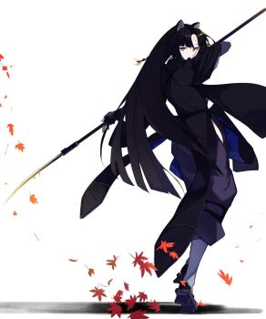 1girl animal_ears arknights black_hair full_body highres holding holding_weapon karasuri leaf long_hair looking_at_viewer looking_back maple_leaf saga_(arknights) simple_background solo very_long_hair weapon white_background yellow_eyes