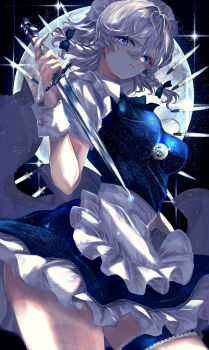 1girl absurdres apron blue_dress blue_eyes blush bow braid braided_sidelock breasts commentary_request dress floating floating_object floating_weapon frilled_apron frills full_moon green_bow green_ribbon grey_hair hair_bow highres holding holding_knife izayoi_sakuya jan_(lightdragoon) knife looking_at_viewer maid maid_apron maid_headdress medium_breasts moon neck_ribbon partial_commentary pinafore_dress pocket_watch reverse_grip ribbon shirt short_sleeves sleeveless sleeveless_dress solo thigh_strap thighs touhou twin_braids waist_apron watch white_apron white_shirt wrist_cuffs