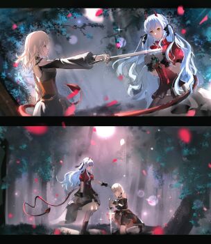 2girls absurdres artist_request bang_dream! bang_dream!_it&#039;s_mygo!!!!! black_dress black_gloves black_ribbon black_shorts black_skirt blonde_hair blue_hair braid breasts brown_corset chinese_commentary commentary_request commission corset demon_tail doloris_(bang_dream!) dress falling_petals gloves hair_ribbon highres holding holding_sword holding_weapon horns kneeling long_hair long_sleeves medium_breasts misumi_uika multiple_girls oblivionis_(bang_dream!) petals red_corset ribbon second-party_source shorts sidelocks skirt sword tail togawa_sakiko weapon yellow_eyes