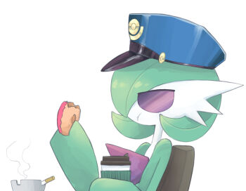 Rule 34 | ashtray, blue hat, cigarette, colored skin, commentary, dmt (auburn), donut, english commentary, food, gardevoir, gen 3 pokemon, green skin, hat, holding, holding donut, holding food, multicolored skin, nintendo, poke ball symbol, pokemon, pokemon (creature), police hat, purple eyes, simple background, two-tone skin, white background, white skin