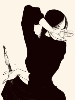 1girl black_dress black_hair black_nails covering_own_mouth dress greyscale highres knife long_hair looking_at_viewer monochrome original solo tp_p_pt white_background