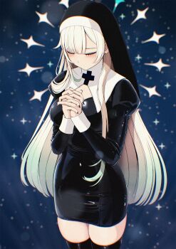 1girl aizawa_ema alternate_costume black_dress black_nails black_thighhighs black_veil blonde_hair blurry blurry_background blush breasts cleavage_cutout closed_eyes clothing_cutout commentary_request cowboy_shot cross cross_print dress fingernails gradient_hair green_hair highres impossible_clothes impossible_dress long_sleeves medium_breasts multicolored_hair nail_polish noli-pee_(little_stupid) nun own_hands_clasped own_hands_together parted_bangs praying puffy_sleeves skindentation sleeves_past_wrists solo standing thighhighs veil virtual_youtuber vspo!