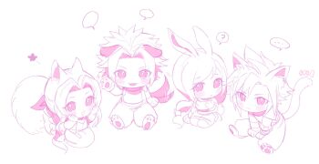 ... 2boys 2girls ? aerith_gainsborough animal_ears arm_up armor baggy_pants blush cat_ears cat_tail chibi chibi_only closed_mouth cloud_strife dog_ears dog_tail dress duoj_ji final_fantasy final_fantasy_vii final_fantasy_vii_remake full_body gloves hair_ribbon hands_on_own_cheeks hands_on_own_face highres long_hair looking_at_viewer low-tied_long_hair motion_lines multiple_boys multiple_girls open_mouth pants parted_bangs pink_theme rabbit_ears rabbit_tail ribbon seiza short_hair shoulder_armor simple_background sitting spiked_hair spoken_ellipsis spoken_question_mark squirrel_ears squirrel_tail swept_bangs tail thighhighs tifa_lockhart twitter_username white_background zack_fair