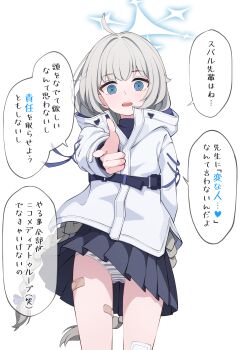 1girl absurdres bandaid bandaid_on_leg blue_archive blue_eyes grey_hair halo highres long_hair maia_(blue_archive) open_mouth panties shijima_(shijima_tc) skirt solo speech_bubble striped_clothes striped_panties translation_request underwear white_background