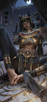 1girl absurdres ancient_egyptian_clothes animal ankh ankleband armband bare_shoulders black_cat black_hair cat cat_girl circlet commentary courtyard dark-skinned_female dark_skin eye_of_horus feet foot_focus frills full_body full_moon gold_armband gold_nails hair_ornament heterochromia highres jewelry khopesh knees_up looking_at_viewer medium_hair midriff moon nail_polish night original pantyhose pelvic_curtain reclining sang_delan sitting solo stirrup_legwear stomach_tattoo sword tassel tattoo toe_ring toeless_legwear toenail_polish toenails usekh_collar weapon