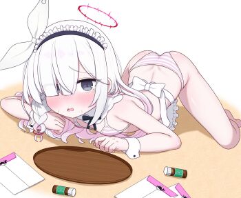 1girl apron armpit_crease ass blackness_(blackness661) blue_archive blush bottle bow bra breasts butt_crack detached_collar diagonal-striped_bikini diagonal-striped_clothes diagonal-striped_panties fallen_down feet flat_chest floor frilled_hairband frills grey_eyes groin hair_bow hairband halo highres large_breasts looking_at_viewer maid_headdress open_mouth panties plana_(blue_archive) red_halo small_breasts solo spread_legs striped_clothes sweatdrop tears thighs tray two-tone_background underwear white_apron white_background white_hair wooden_tray worried wrist_cuffs