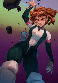 Rule 34 | 1girl, black bodysuit, bodysuit, boku no hero academia, breasts, brown eyes, brown hair, cowboy shot, debris, frown, furrowed brow, gradient background, highres, long sleeves, medium breasts, multicolored bodysuit, short hair, solo, superhero costume, torn bodysuit, torn clothes, two-tone bodysuit, uraraka ochako, vanelover, white bodysuit