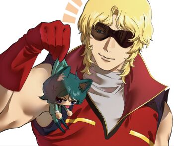 2boys aeug animal_ears blonde_hair blue_eyes blue_hair cat_ears char_aznable chibi commentary_request gloves gundam highres holding jacket kamille_bidan konnoooo_9 looking_at_object military_uniform multiple_boys quattro_bajeena shirt short_hair sleeveless smile sunglasses zeta_gundam