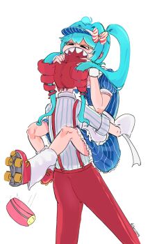 2girls apron aqua_hair artist_name biting blue_dress carrying carrying_person cherroapg commentary dress drill_hair english_commentary frilled_apron frills frown hat hatsune_miku highres kasane_teto leg_lock long_hair mesmerizer_(vocaloid) motion_lines multiple_girls pants pink_hat red_hair red_pants roller_skates sharp_teeth shirt simple_background skates standing standing_leg_lock striped_clothes striped_dress striped_shirt suspenders teeth two-tone_shirt unworn_hat unworn_headwear utau vocaloid waitress white_apron white_background