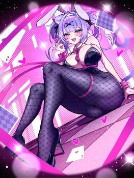 1girl :d ace_(playing_card) ace_of_hearts ace_of_spades ahoge animal_ears black_leotard black_pantyhose black_shoes bow bowtie breasts card cat_ears cat_girl cat_tail center-flap_bangs cleavage commentary detached_collar double-parted_bangs facial_mark fake_animal_ears fang fishnet_pantyhose fishnets hair_ornament hairclip hand_up heart high_heels highres hololive knees_up kogekoge1207 large_breasts leotard long_hair looking_at_viewer nekomata_okayu open_mouth pantyhose pink_bow pink_bowtie playboy_bunny playing_card purple_eyes purple_hair rabbit_ears rabbit_hole_(vocaloid) shoes sitting skin_fang smile solo spade_(shape) tail teardrop_facial_mark thigh_strap twintails untranslatable_commentary virtual_youtuber x_hair_ornament