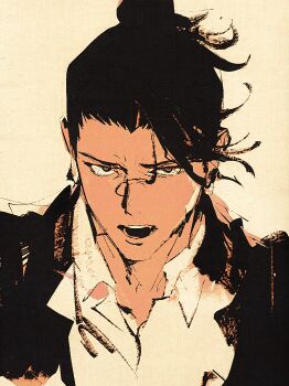 Rule 34 | 1boy, black hair, black jacket, brown eyes, collared shirt, gakuran, getou suguru, hair bun, highres, jacket, jujutsu kaisen, looking at viewer, male focus, open collar, open mouth, portrait, sanpaku, school uniform, shirt, shki00, single hair bun, solo, teeth, white shirt