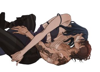 2girls arcane:_league_of_legends arcane_caitlyn arcane_vi arm_tattoo bandages black_hair blue_hair bra caitlyn_(league_of_legends) chest_sarashi dark_blue_hair earrings grabbing_another's_ass groping highres jewelry kiss league_of_legends marceline2174 multicolored_hair multiple_earrings multiple_girls muscular muscular_female neck_tattoo red_hair sarashi simple_background strap_slip tattoo two-tone_hair underwear vi_(league_of_legends) yuri