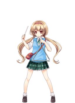 1girl ahoge ankle_socks bag blonde_hair blue_cardigan bow bowtie brown_shoes cardigan full_body girlfriend_(kari) green_bow green_bowtie green_ribbon holding holding_instrument instrument legs loafers neck_ribbon nishino_ayane official_art plaid_clothes plaid_skirt pleated_skirt qp:flapper red_eyes ribbon school_uniform shoes shoulder_bag skirt socks solo thighs transparent_background triangle white_socks