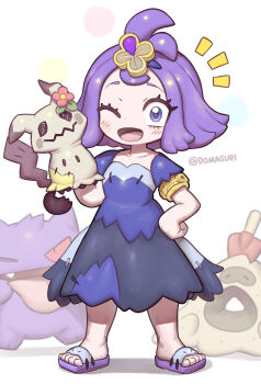 1girl acerola_(pokemon) alternate_color blush domaguri dress flower full_body gen_1_pokemon gen_7_pokemon gengar hair_ornament hand_on_own_hip highres holding looking_at_viewer mimikyu nintendo notice_lines one_eye_closed open_mouth patchwork_clothes pokemon pokemon_(anime) pokemon_(creature) pokemon_sm_(anime) purple_hair red_flower sandals sandygast shiny_pokemon short_hair short_sleeves simple_background standing topknot twitter_username white_background