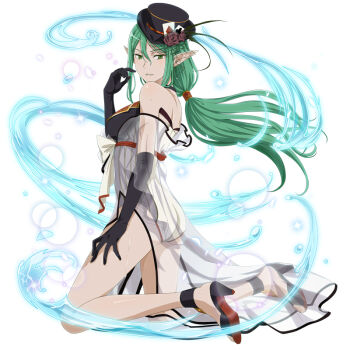 1girl anime_coloring artist_request bare_shoulders black_gloves black_hat black_one-piece_swimsuit black_shoes breasts club_(shape) danmachi_memoria_freese diamond_(shape) dungeon_ni_deai_wo_motomeru_no_wa_machigatteiru_darou_ka elbow_gloves elf flower from_side full_body gloves green_eyes green_hair hair_between_eyes hand_on_own_thigh hand_up hat hat_flower hat_ornament high_heels kneeling long_hair looking_at_viewer looking_to_the_side low_ponytail medium_breasts official_alternate_costume official_art one-piece_swimsuit parted_lips playing_card_hat_ornament pointy_ears ponytail red_ribbon ribbon riveria_ljos_alf see-through_clothes see-through_shawl shawl shoes sidelocks smile solo swimsuit third-party_source water wet wet_hair