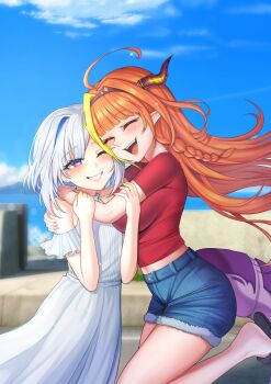 Rule 34 | 2girls, absurdres, ahoge, amane kanata, blonde hair, blue hair, blue shorts, braid, breasts, closed eyes, cloud, commentary, dragon horns, dragon tail, dress, hair intakes, highres, hololive, horns, hug, kiryu coco, multicolored hair, multiple girls, one eye closed, open mouth, orange hair, purple eyes, red shirt, rina megakuma, shirt, shorts, sky, smile, streaked hair, tail, virtual youtuber, white dress, white hair
