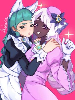 2girls apron artist_name ascot ashusa black_dress blush brown_eyes dark-skinned_female dark_skin dress fingernails frilled_apron frills gloves green_hair green_nails grin hand_on_another&#039;s_shoulder hat highres jacinthe_(pokemon) lebanne_(pokemon) long_hair long_sleeves maid mega_stone multiple_girls nail_polish nintendo pink_background pink_dress pink_eyes pink_hair pink_hat pink_lips pokemon pokemon_legends:_z-a simple_background smile white_apron white_ascot white_gloves