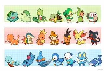 00s 10s 1990s_(style) artist_name beak bird bulbasaur cat charmander chespin chikorita chimchar cyndaquil dragon everyone fangs fennekin fire flame-tipped_tail fox froakie frog gecko gen_1_pokemon gen_2_pokemon gen_3_pokemon gen_4_pokemon gen_5_pokemon gen_6_pokemon gen_7_pokemon hedgehog huiro litten looking_at_viewer monkey mudkip nintendo no_humans oshawott owl pig piplup pokemon pokemon_(creature) pokemon_bw pokemon_dppt pokemon_gsc pokemon_rgby pokemon_rse pokemon_sm pokemon_xy popplio retro_artstyle rowlet seal_(animal) snivy squirtle starter_pokemon_trio tail tepig torchic totodile treecko turtle turtwig wings