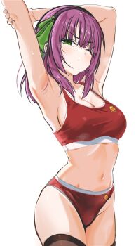 Rule 34 | 1girl, angel beats!, armpits, black thighhighs, breasts, cleavage, green eyes, hairband, highres, large breasts, medium hair, midriff, nakamura yuri, navel, one eye closed, panties, purple hair, purple hairband, red panties, red sports bra, simple background, solo, sports bra, stretching, thighhighs, thighs, underwear, white background, zenoo