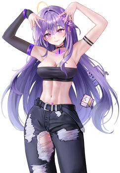 1girl absurdres ahoge arm_strap arms_up ayauke belt belt_buckle black_belt black_pants black_tube_top blush breasts bright_pupils buckle cleavage closed_mouth commentary_request cowboy_shot creature crop_top detached_sleeves double-parted_bangs double_v earrings eruthu fingernails hair_between_eyes hair_intakes highres jewelry korean_commentary large_breasts long_bangs long_hair mismatched_earrings nail_polish navel pants pendant pink_eyes pink_nails project_[i] purple_hair ring simple_background single_sleeve smile standing stomach strapless toned toned_female torn_clothes torn_pants tube_top v v_over_head very_long_hair white_background