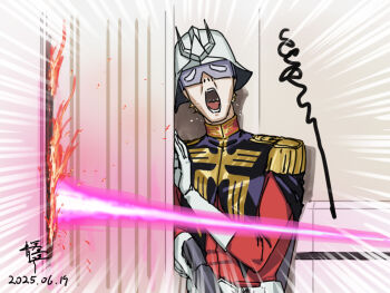 2025 burning char_aznable dated energy_beam energy_sword epaulettes eye_mask gloves gundam gundam_gquuuuuux helmet here's_johnny!_(meme) mask meme mobile_suit_gundam parody qingmingtongzi scared screaming signature sketch sword the_shining weapon white_gloves zeon