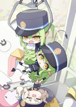 3girls aoba_(blue_archive) black_hair black_jacket blonde_hair blue_archive blush buttons chibi closed_eyes controller demon_tail doll green_hair green_halo halo hikari_(blue_archive) jacket joystick long_hair multiple_girls nozomi_(blue_archive) pantyhose peroro_(blue_archive) seero tail twitter white_pantyhose yellow_eyes