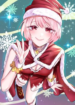 1girl blush breasts christmas cleavage commentary_request dosanko_gal_wa_namaramenkoi dress hat highres ikada_kai looking_at_viewer natsukawa_rena pink_eyes pink_hair red_dress red_hat short_hair smile solo