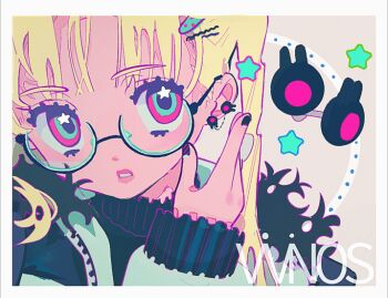 1girl animated animated_gif aqua_eyes artist_name bandaid bandaid_on_neck black-framed_eyewear black_jacket black_nails black_shirt blinking blonde_hair boots border brown_boots dot_nose earrings eyelashes fur-trimmed_hood fur_trim glasses hair_ornament hair_over_shoulder hairclip hand_on_own_ear hood hood_down hooded_jacket jacket jewelry lipstick long_hair long_sleeves looking_at_viewer looping_animation makeup multicolored_eyes multicolored_jacket nail_art nail_polish open_clothes open_jacket original outline parted_lips pink_eyes pink_lips puffy_long_sleeves puffy_sleeves purple_outline round_eyewear shirt sleeves_past_wrists solo star_(symbol) star_in_eye symbol_in_eye teeth turtleneck turtleneck_shirt twintails two-tone_eyes two-tone_jacket upper_body vivinos white_border white_jacket zipper