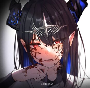 1girl alternate_ears asymmetrical_horns black_hair blood blood_on_face blue_hair colored_inner_hair demon_horns hair_ornament highres hololive hololive_english horns keisea long_hair looking_at_viewer mole mole_under_eye multicolored_hair nerissa_ravencroft pointy_ears red_eyes smile solo two-tone_hair uneven_horns virtual_youtuber