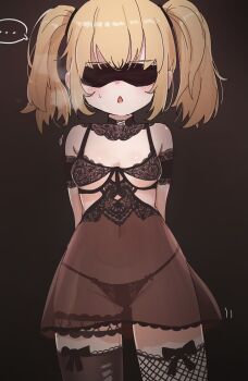... 1girl ani_(xai) asymmetrical_legwear babydoll black_babydoll black_bra black_panties black_thighhighs blindfold blonde_hair blush bow_legwear bra breasts frilled_babydoll groin highres lace lace-trimmed_babydoll lace_bra lace_trim lingerie loli medium_breasts medium_hair mismatched_legwear mismatched_thighhighs motion_lines navel open_mouth panties see-through_babydoll see-through_clothes shinkaiobake single_fishnet_legwear small_sweatdrop spoken_ellipsis thighhighs torn_clothes torn_thighhighs twintails underwear xai_(company)