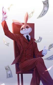 1boy alcohol animal_ears arm_up banknote black_necktie chair character_request commentary copyright_request cowboy_shot cup drinking_glass fake_animal_ears falling_money formal_clothes highres holding holding_cup jacket long_sleeves male_focus mask money mooshiki necktie on_chair pants rabbit_ears rabbit_head rabbit_mask red_jacket red_pants red_suit red_vest sitting solo suit vest wine wine_glass