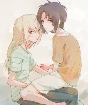 Rule 34 | 2boys, black pants, blonde hair, blue shirt, brown hair, closed mouth, commentary request, expressionless, long hair, looking at viewer, low-tied long hair, makabe kazuki, male focus, minashiro soushi, multiple boys, orange shirt, pants, parted bangs, sawa2, shirt, short hair, short sleeves, shorts, sitting, sitting on lap, sitting on person, sketch, soukyuu no fafner, striped clothes, striped shirt