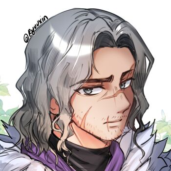 1boy artist_name beard_stubble closed_mouth commentary english_commentary facial_hair facial_scar grey_eyes grey_hair highres looking_at_viewer male_focus mature_male multiple_scars mustache_stubble original parted_hair portrait ryuuxin scar scar_on_cheek scar_on_face scar_on_lip scar_on_nose short_hair solo stubble white_background