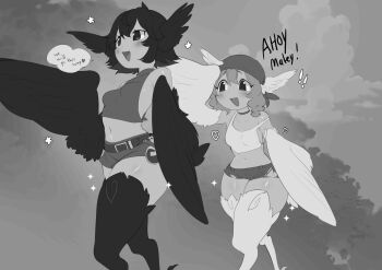 2girls bandana birb_(niniidawns) bird_legs black_feathers commission commissioner_upload eclair_(teuthidan) feathers harpy head_wings highres monochrome monster_girl multiple_girls niniidawns original sketch speech_bubble thick_thighs thighs white_feathers winged_arms wings
